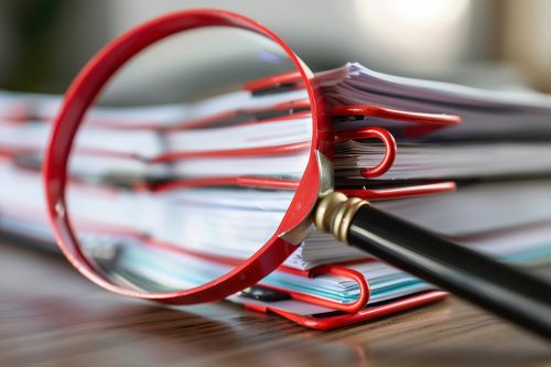 Foto: Lupe vor Dokumentenstapel